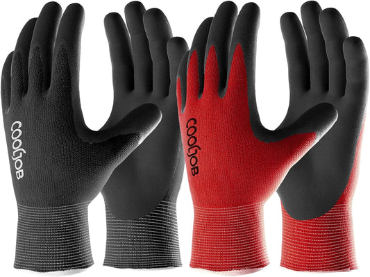 Gardening Gloves for Men, 2 Pairs Breathable Rubber Coated for Garden Weeding Landscaping, Outside Work for Lawn Yard, Men's Large Size, Black & Red