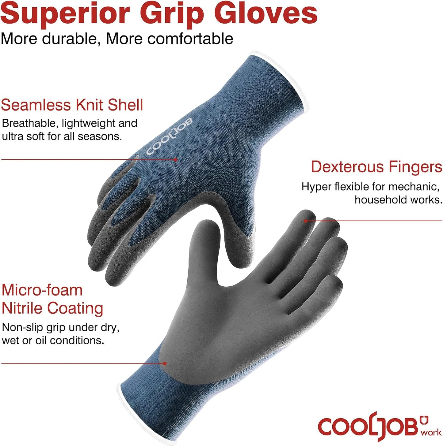 Gardening Gloves for Men, 2 Pairs Breathable Rubber Coated for Garden Weeding Landscaping, Outside Work for Lawn Yard, Men's Large Size, Black & Red