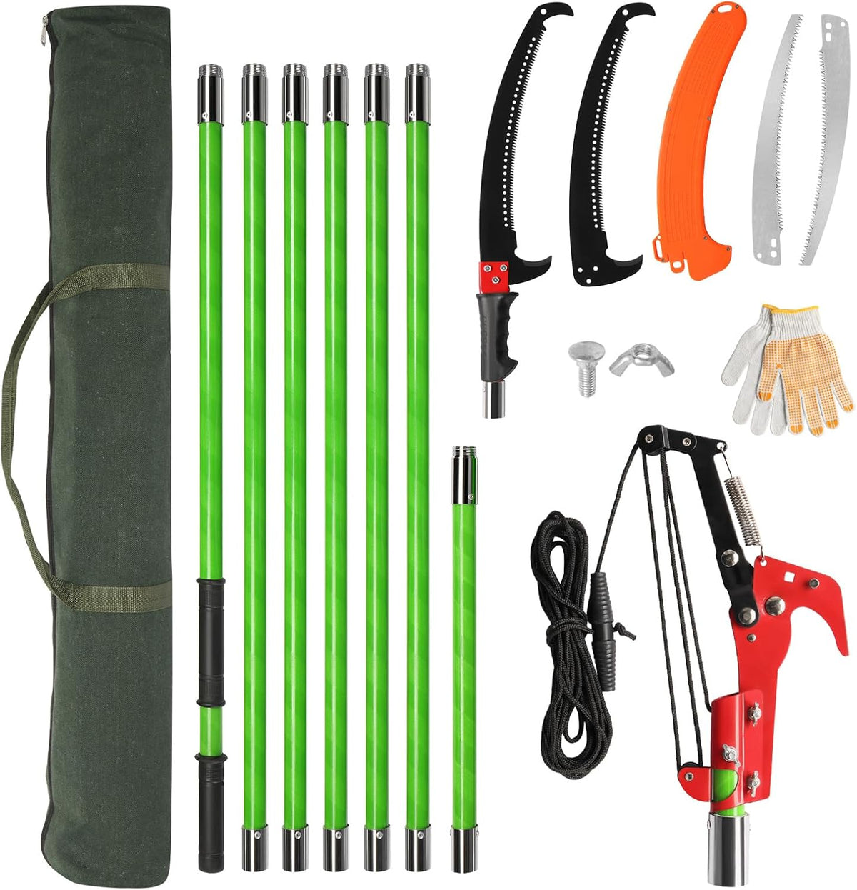 24ft Lightweight Tree Trimmers Long Handle Pruner Set,Manual Pole Saws,Sharp Steel Blade and Scissors Pole Saw,Gardening Tools Pruner Set,with Carry Bag,for Pruning Palms Trees and Shrubs (Green)