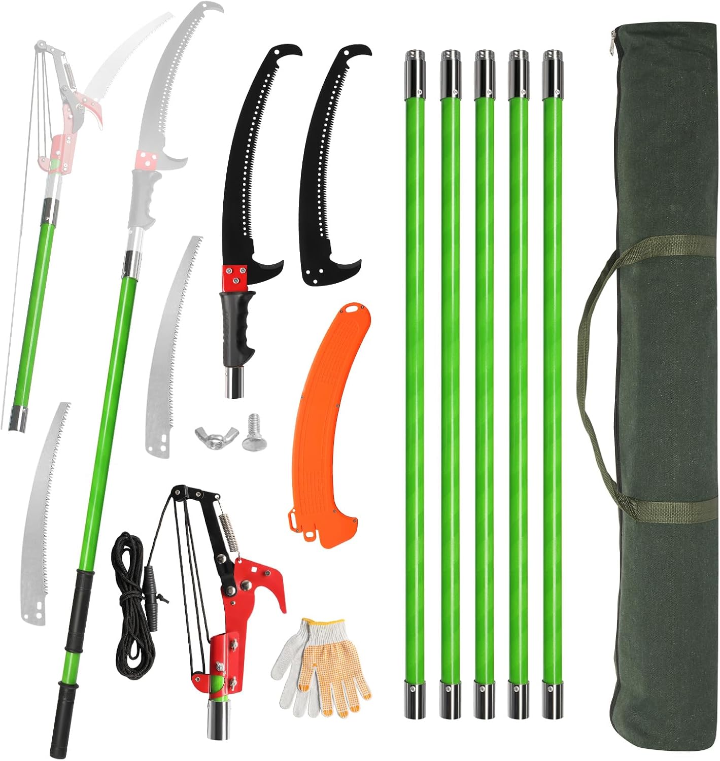 24ft Lightweight Tree Trimmers Long Handle Pruner Set,Manual Pole Saws,Sharp Steel Blade and Scissors Pole Saw,Gardening Tools Pruner Set,with Carry Bag,for Pruning Palms Trees and Shrubs (Green)