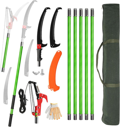 24ft Lightweight Tree Trimmers Long Handle Pruner Set,Manual Pole Saws,Sharp Steel Blade and Scissors Pole Saw,Gardening Tools Pruner Set,with Carry Bag,for Pruning Palms Trees and Shrubs (Green)