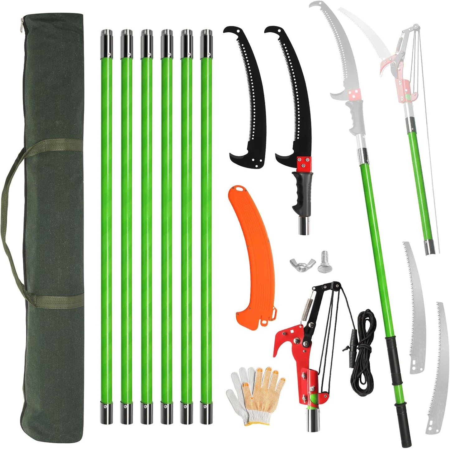 24ft Lightweight Tree Trimmers Long Handle Pruner Set,Manual Pole Saws,Sharp Steel Blade and Scissors Pole Saw,Gardening Tools Pruner Set,with Carry Bag,for Pruning Palms Trees and Shrubs (Green)