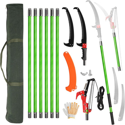 24ft Lightweight Tree Trimmers Long Handle Pruner Set,Manual Pole Saws,Sharp Steel Blade and Scissors Pole Saw,Gardening Tools Pruner Set,with Carry Bag,for Pruning Palms Trees and Shrubs (Green)