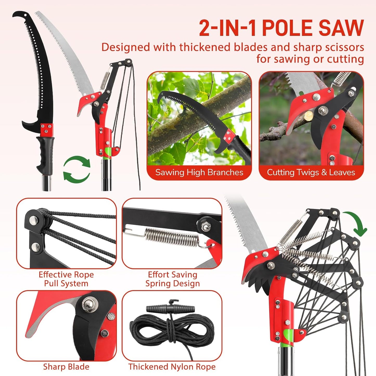 24ft Lightweight Tree Trimmers Long Handle Pruner Set,Manual Pole Saws,Sharp Steel Blade and Scissors Pole Saw,Gardening Tools Pruner Set,with Carry Bag,for Pruning Palms Trees and Shrubs (Green)