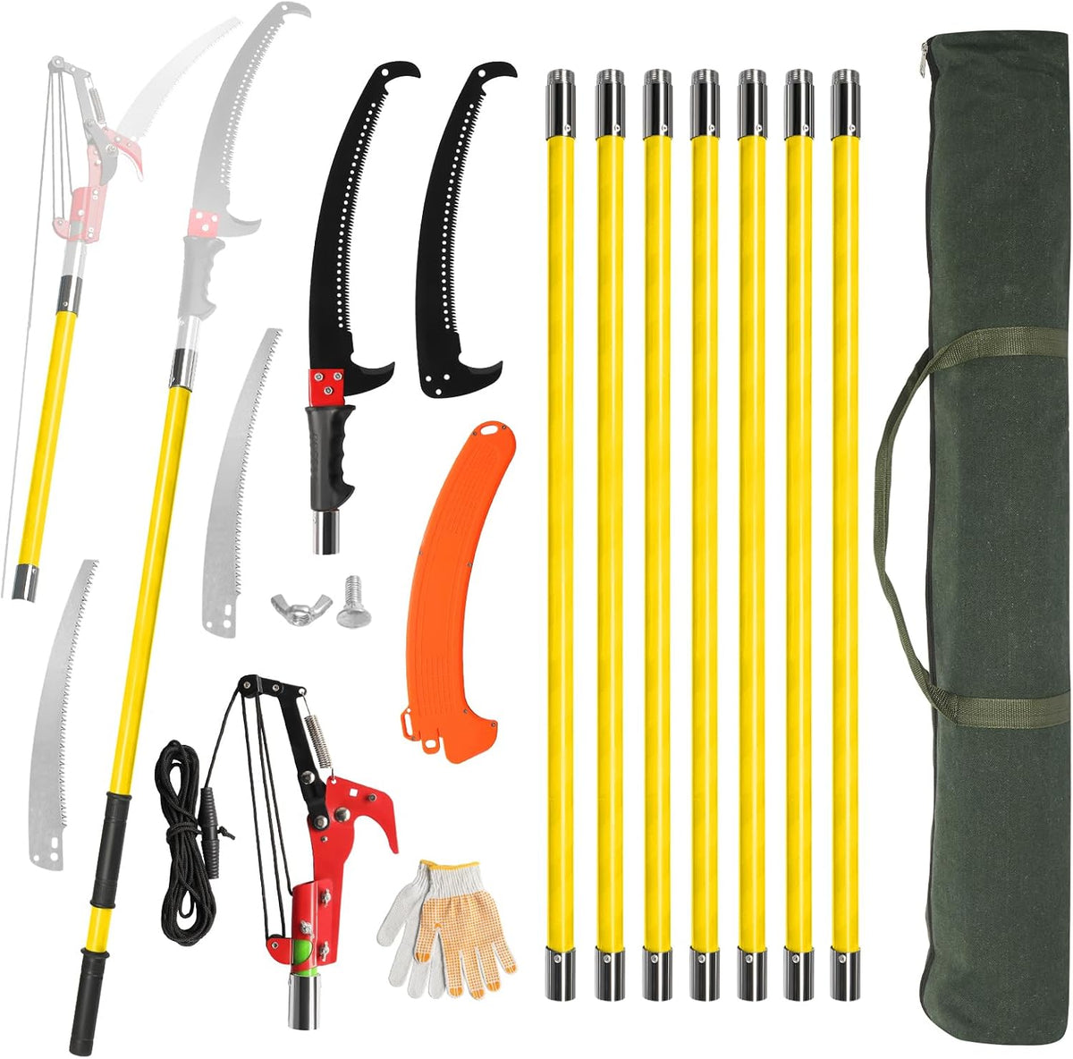 24ft Lightweight Tree Trimmers Long Handle Pruner Set,Manual Pole Saws,Sharp Steel Blade and Scissors Pole Saw,Gardening Tools Pruner Set,with Carry Bag,for Pruning Palms Trees and Shrubs (Green)
