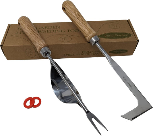 Weed Puller and Patio Paver Weeding Tool Set - Two Classic, Heavy Duty, Stainless Steel Weeding Tools with Beautiful Wooden Handles