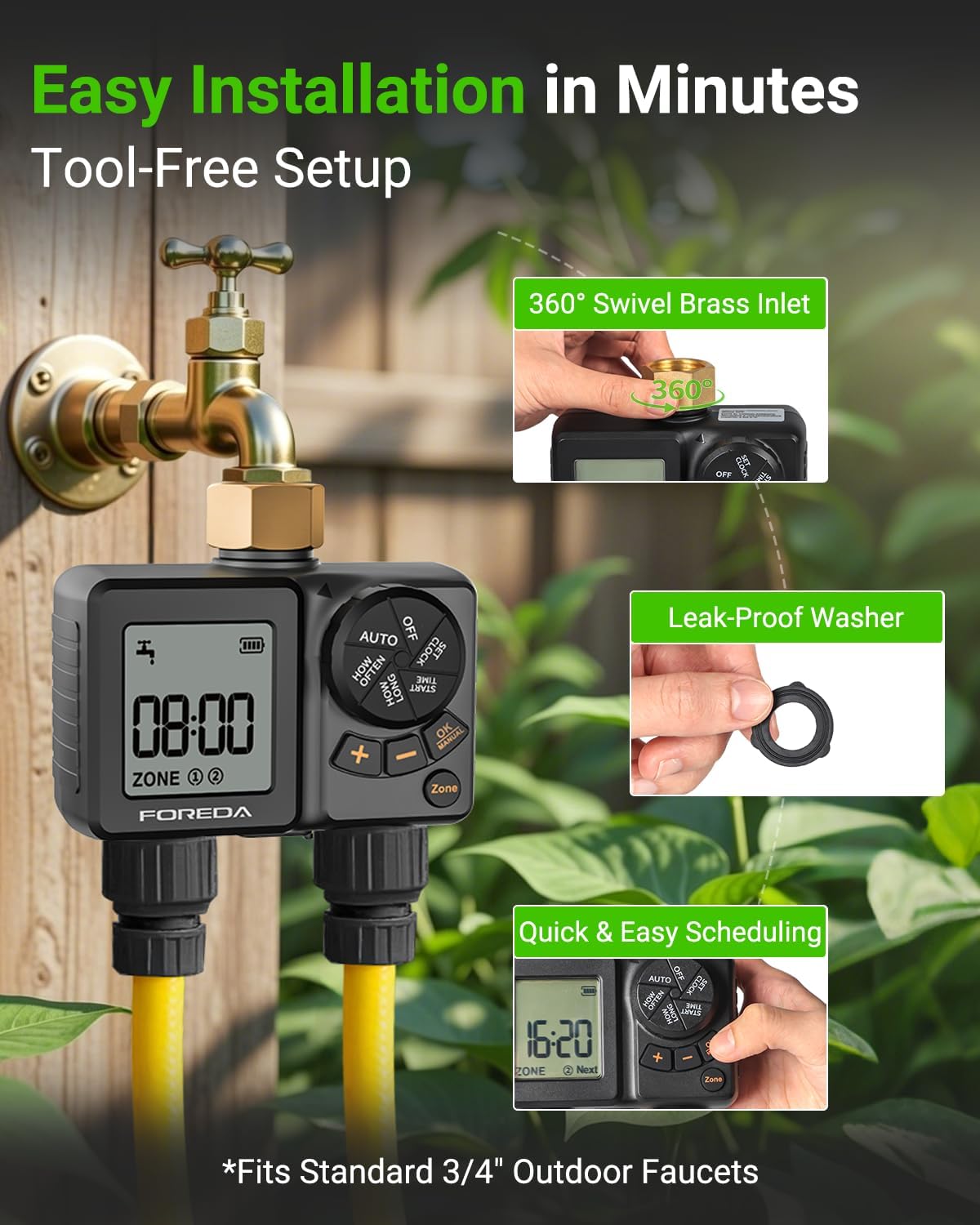 Rechargeable 2 Zone Water Timer, Sprinkler Timers for Garden Hose