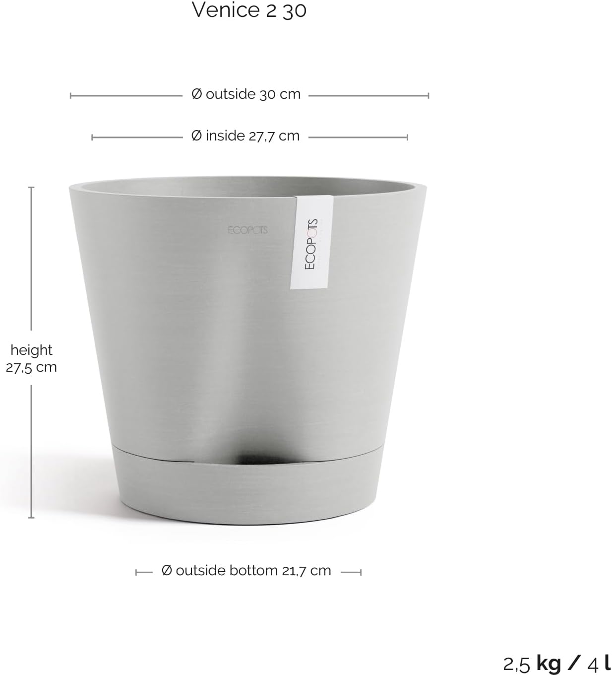 Venice 2 Round Flower Planter with Water Reservoir, White Grey, 8"
