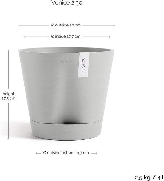 Venice 2 Round Flower Planter with Water Reservoir, White Grey, 8"