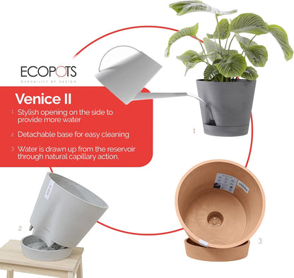 Venice 2 Round Flower Planter with Water Reservoir, White Grey, 8"
