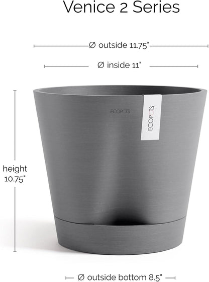 Venice 2 Round Flower Planter with Water Reservoir, White Grey, 8"