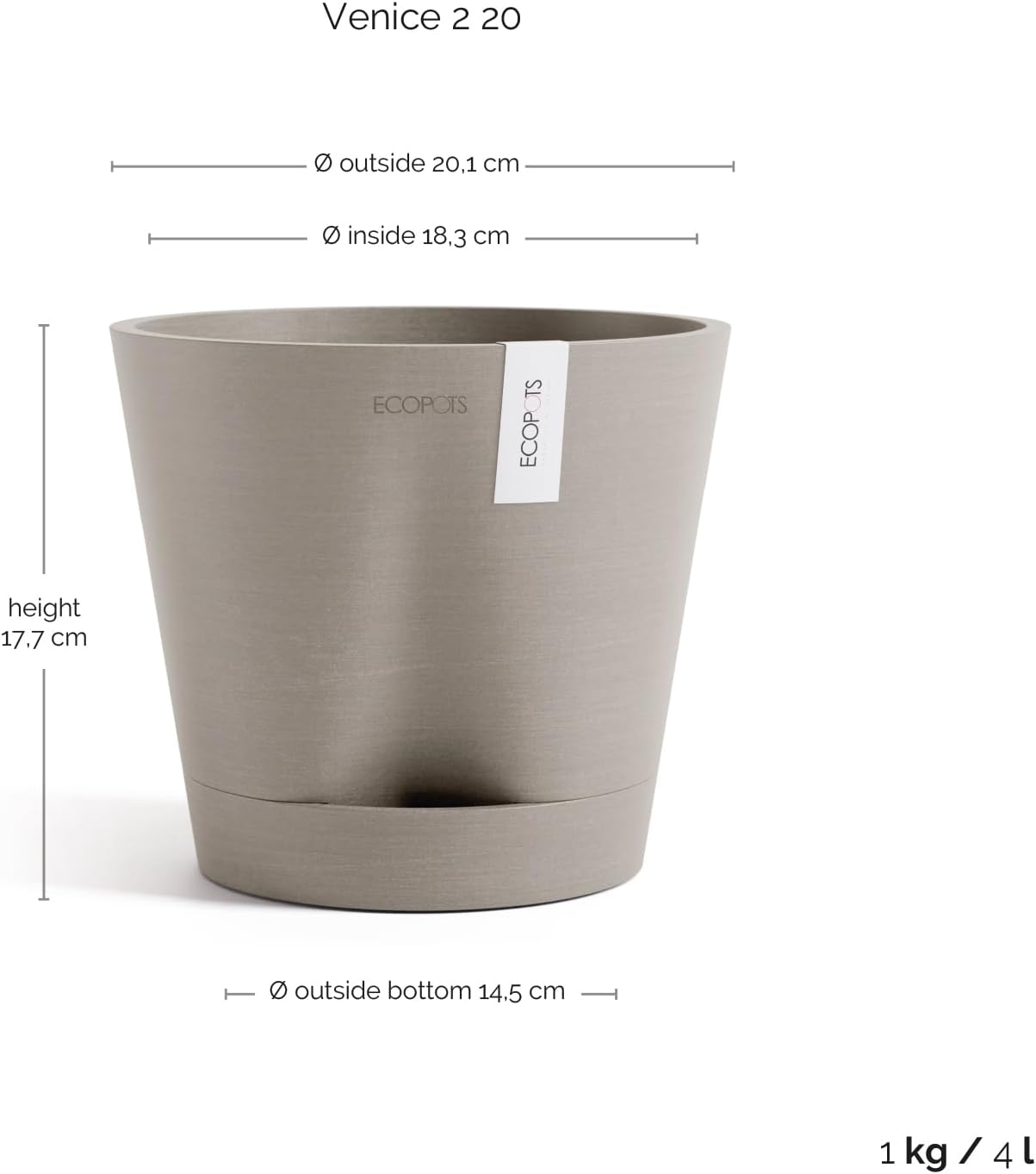 Venice 2 Round Flower Planter with Water Reservoir, White Grey, 8"