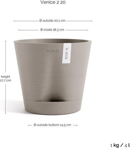 Venice 2 Round Flower Planter with Water Reservoir, White Grey, 8"