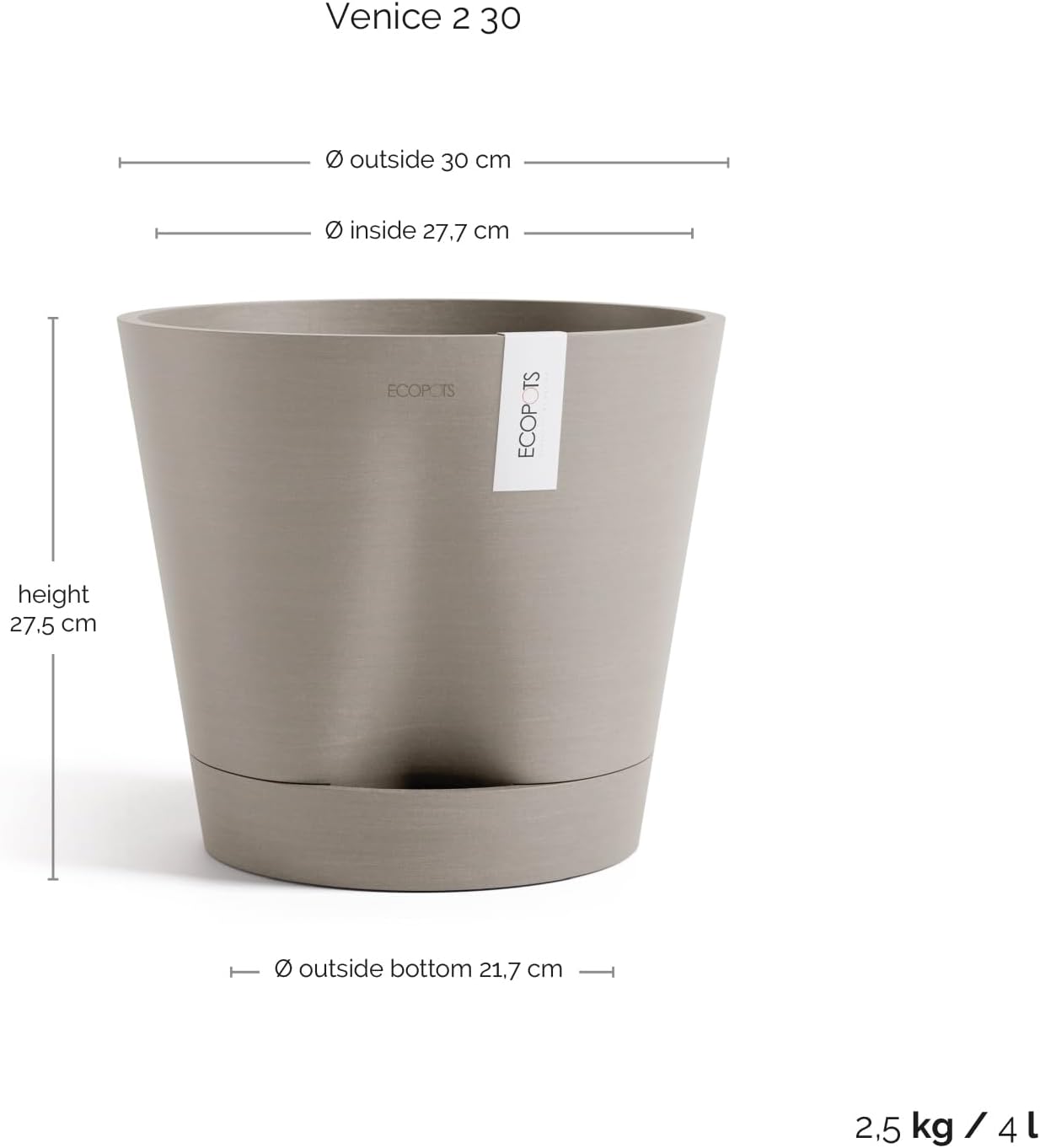 Venice 2 Round Flower Planter with Water Reservoir, White Grey, 8"