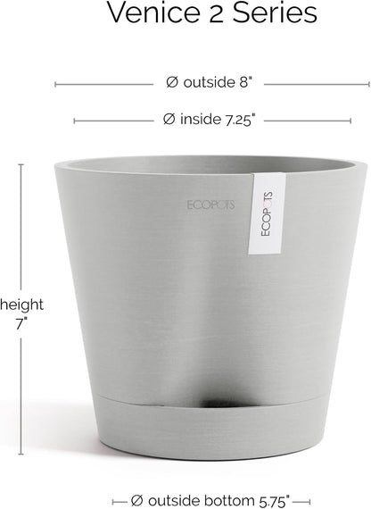 Venice 2 Round Flower Planter with Water Reservoir, White Grey, 8"