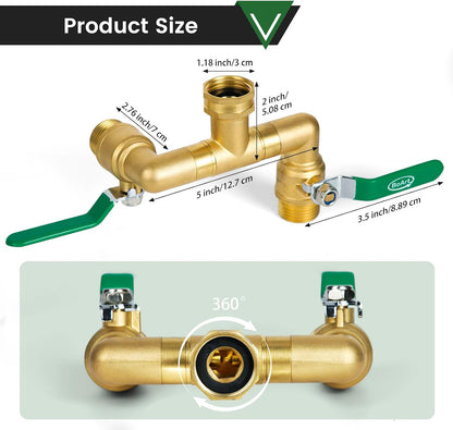2 Way Heavy Duty Brass Garden Hose Splitter, 360° Rotatable Y Valve, Full Flow Large Ball Valve, Long Handle, Thickened Solid Brass, 3/4" GHT Thread for Outdoor Faucet, Lawn Irrigation, Car Wash
