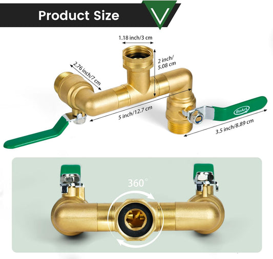 2 Way Heavy Duty Brass Garden Hose Splitter, 360° Rotatable Y Valve, Full Flow Large Ball Valve, Long Handle, Thickened Solid Brass, 3/4" GHT Thread for Outdoor Faucet, Lawn Irrigation, Car Wash