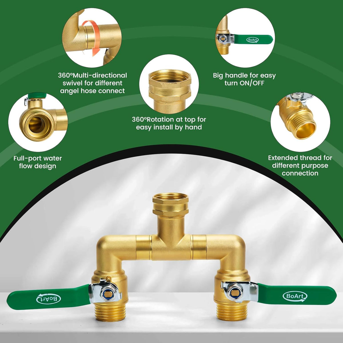 2 Way Heavy Duty Brass Garden Hose Splitter, 360° Rotatable Y Valve, Full Flow Large Ball Valve, Long Handle, Thickened Solid Brass, 3/4" GHT Thread for Outdoor Faucet, Lawn Irrigation, Car Wash