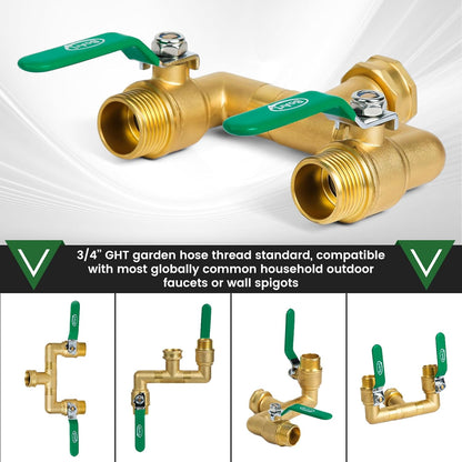2 Way Heavy Duty Brass Garden Hose Splitter, 360° Rotatable Y Valve, Full Flow Large Ball Valve, Long Handle, Thickened Solid Brass, 3/4" GHT Thread for Outdoor Faucet, Lawn Irrigation, Car Wash