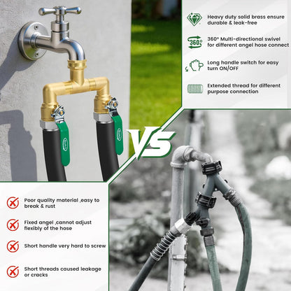 2 Way Heavy Duty Brass Garden Hose Splitter, 360° Rotatable Y Valve, Full Flow Large Ball Valve, Long Handle, Thickened Solid Brass, 3/4" GHT Thread for Outdoor Faucet, Lawn Irrigation, Car Wash