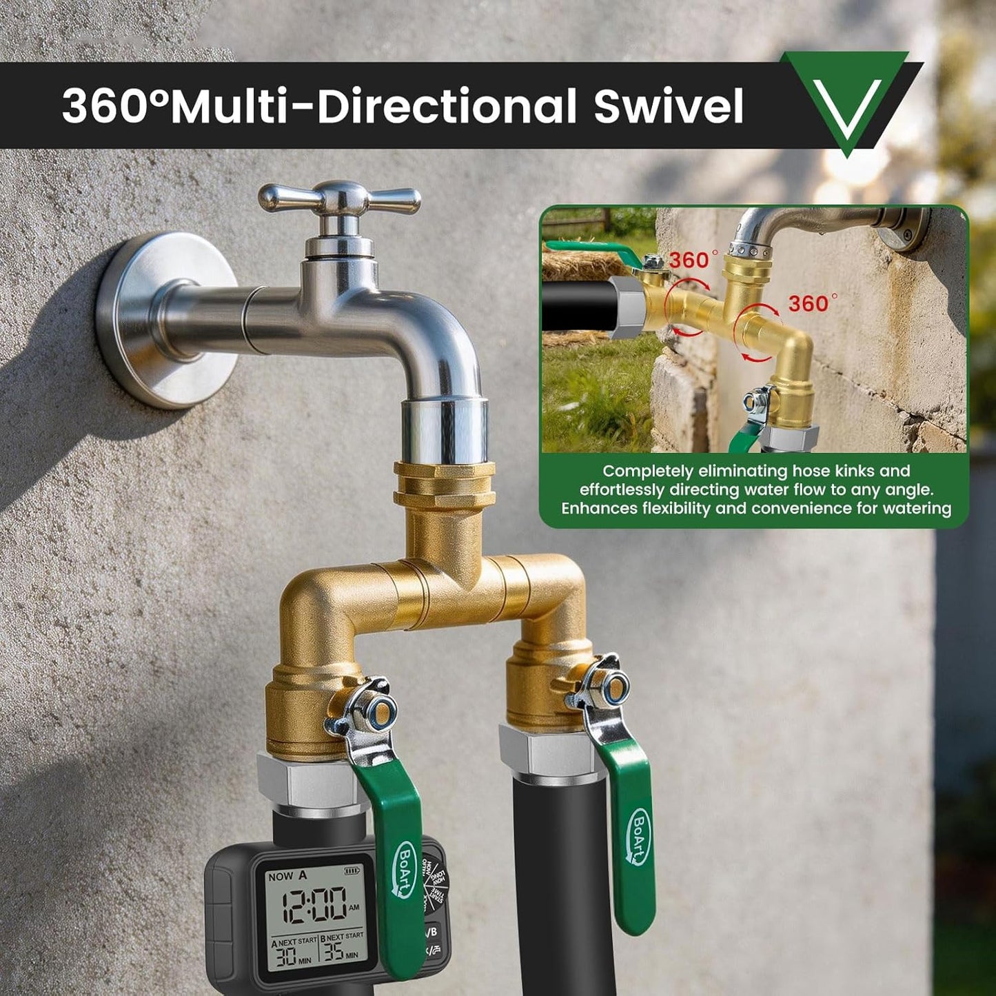 2 Way Heavy Duty Brass Garden Hose Splitter, 360° Rotatable Y Valve, Full Flow Large Ball Valve, Long Handle, Thickened Solid Brass, 3/4" GHT Thread for Outdoor Faucet, Lawn Irrigation, Car Wash
