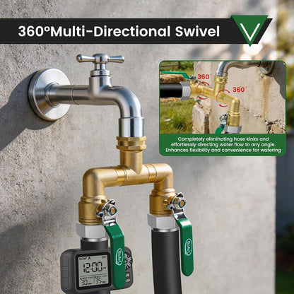 2 Way Heavy Duty Brass Garden Hose Splitter, 360° Rotatable Y Valve, Full Flow Large Ball Valve, Long Handle, Thickened Solid Brass, 3/4" GHT Thread for Outdoor Faucet, Lawn Irrigation, Car Wash