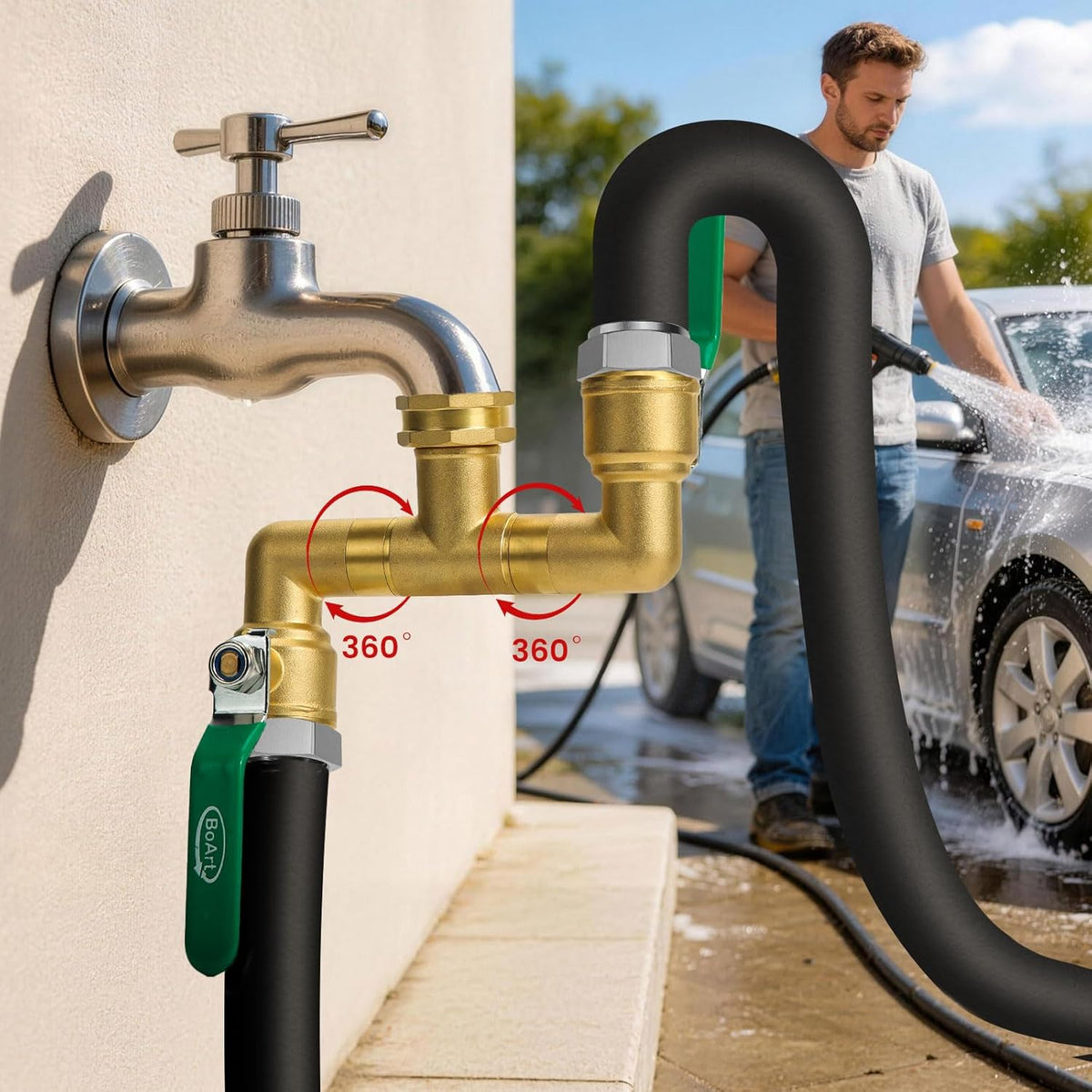 2 Way Heavy Duty Brass Garden Hose Splitter, 360° Rotatable Y Valve, Full Flow Large Ball Valve, Long Handle, Thickened Solid Brass, 3/4" GHT Thread for Outdoor Faucet, Lawn Irrigation, Car Wash