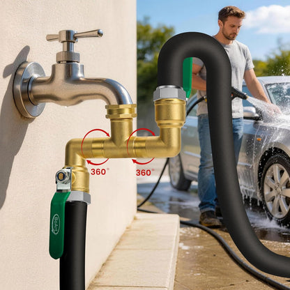 2 Way Heavy Duty Brass Garden Hose Splitter, 360° Rotatable Y Valve, Full Flow Large Ball Valve, Long Handle, Thickened Solid Brass, 3/4" GHT Thread for Outdoor Faucet, Lawn Irrigation, Car Wash