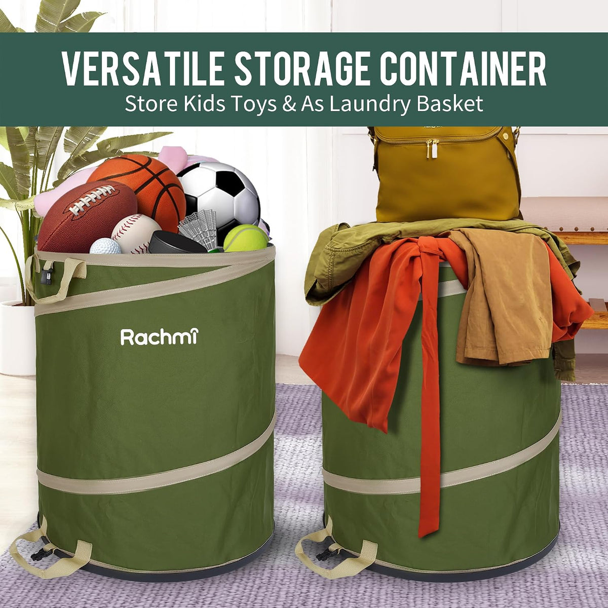 47 Gallon Collapsible Pop-Up Trash Can 2-Pack with Hard Bottom Green