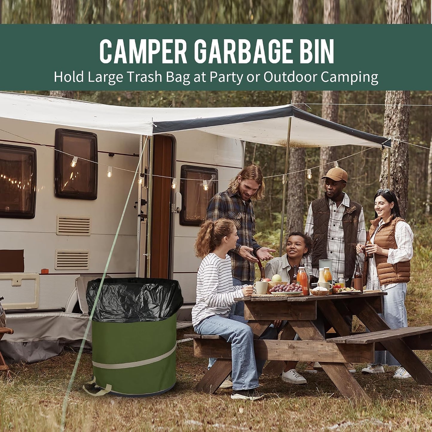 47 Gallon Collapsible Pop-Up Trash Can 2-Pack with Hard Bottom Green
