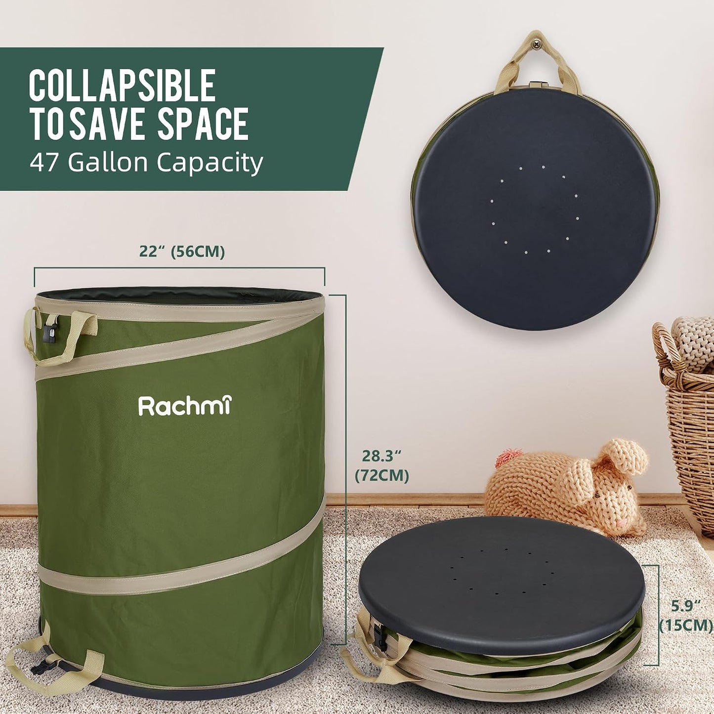 47 Gallon Collapsible Pop-Up Trash Can 2-Pack with Hard Bottom Green