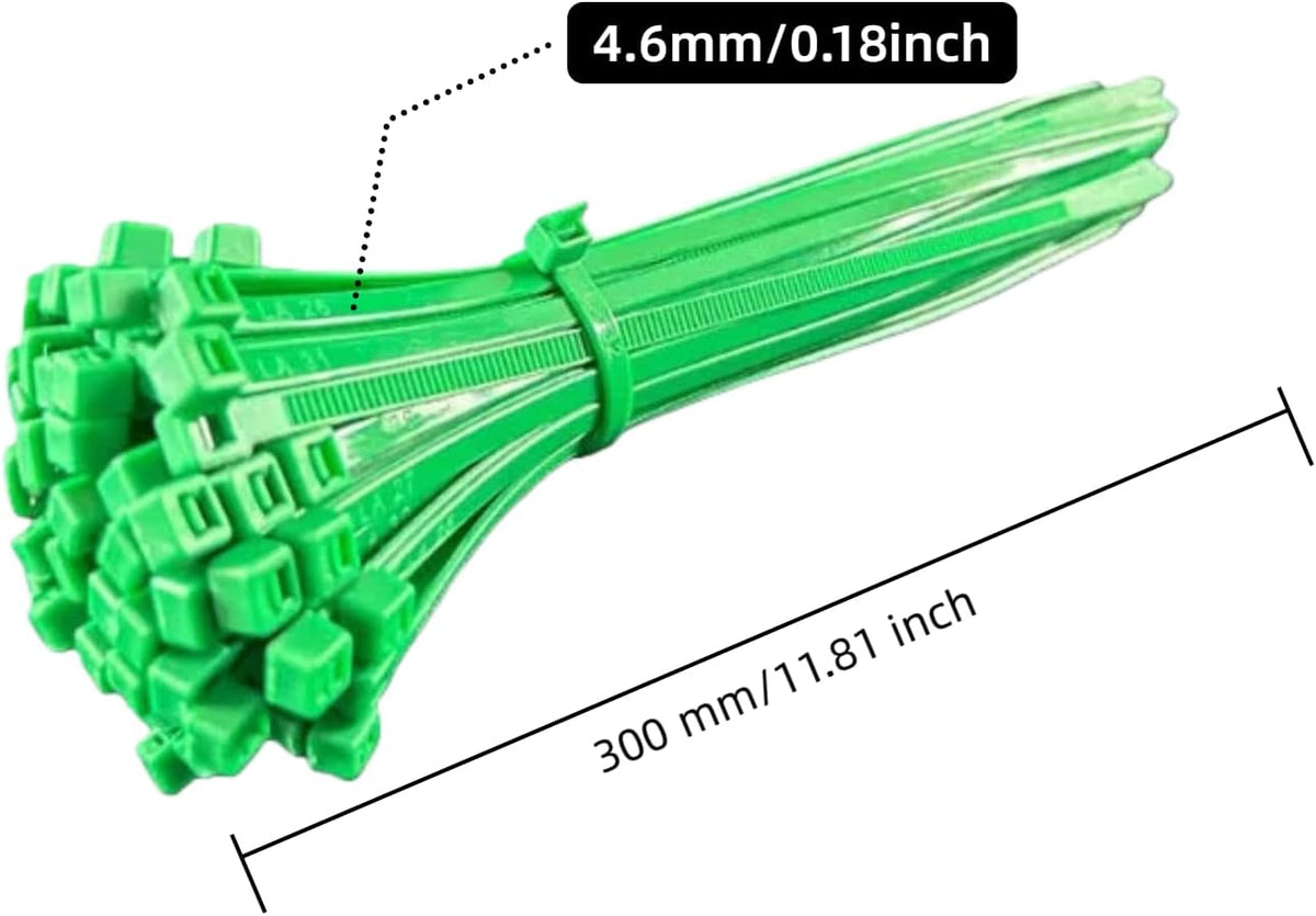 Zip Ties, 100pcs Green Cable Zip Ties 12 Inch, Heavy Duty Nylon Wire Ties High Tensile Strength, Self-Locking Nylon Tie Wraps for Indoor and Outdoor for Object Bundling and Fastening