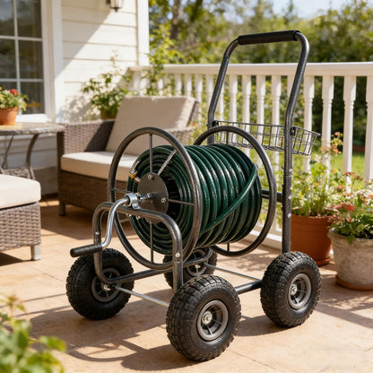 Garden Hose Reel Cart, 4 Wheels Portable with Storage Basket, Rust Resistant Heavy Duty Water Hose Holder, 37x33.85x24.4 Inches (Grey)