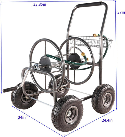 Garden Hose Reel Cart, 4 Wheels Portable with Storage Basket, Rust Resistant Heavy Duty Water Hose Holder, 37x33.85x24.4 Inches (Grey)