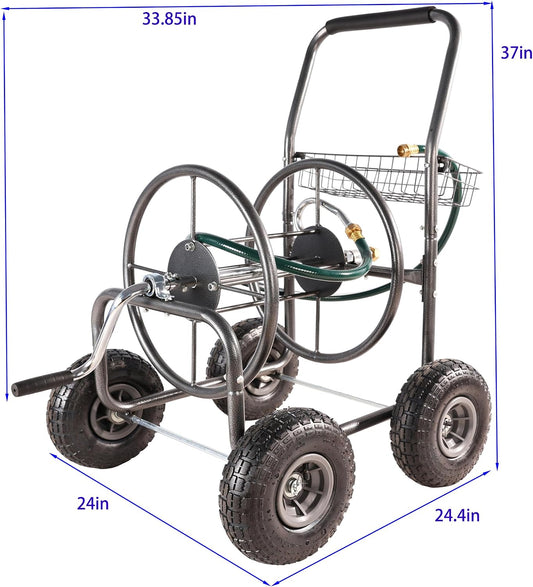 Garden Hose Reel Cart, 4 Wheels Portable with Storage Basket, Rust Resistant Heavy Duty Water Hose Holder, 37x33.85x24.4 Inches (Grey)