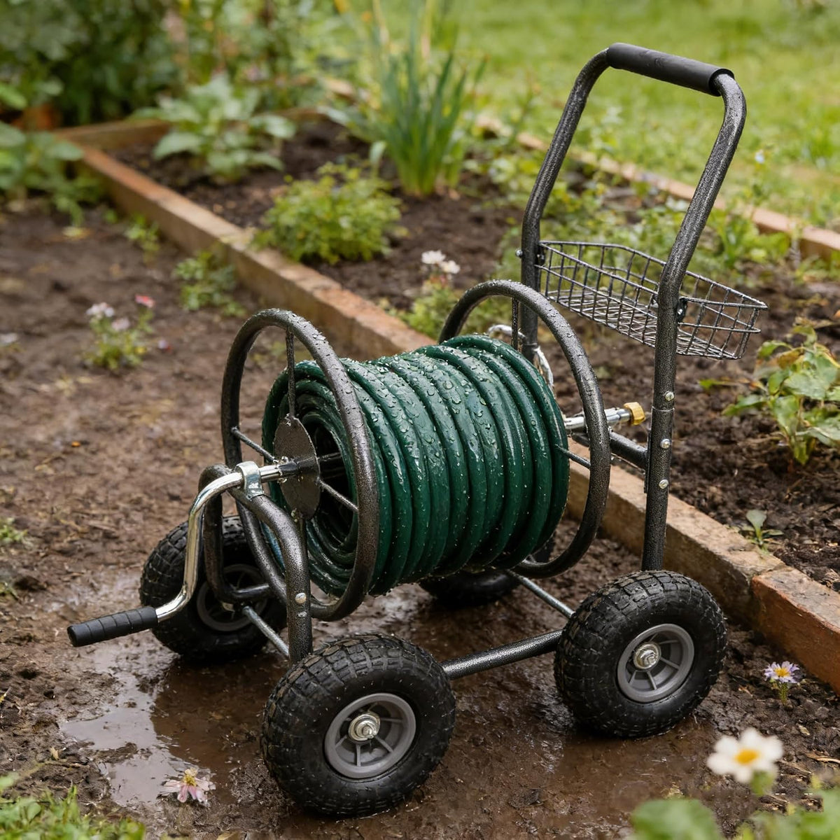 Garden Hose Reel Cart, 4 Wheels Portable with Storage Basket, Rust Resistant Heavy Duty Water Hose Holder, 37x33.85x24.4 Inches (Grey)