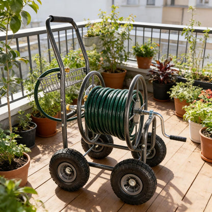Garden Hose Reel Cart, 4 Wheels Portable with Storage Basket, Rust Resistant Heavy Duty Water Hose Holder, 37x33.85x24.4 Inches (Grey)