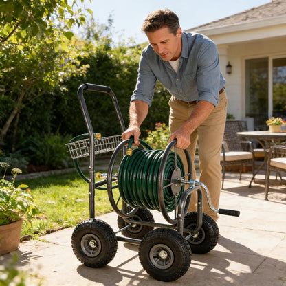 Garden Hose Reel Cart, 4 Wheels Portable with Storage Basket, Rust Resistant Heavy Duty Water Hose Holder, 37x33.85x24.4 Inches (Grey)