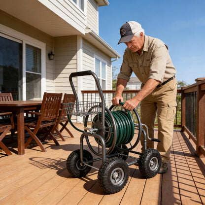Garden Hose Reel Cart, 4 Wheels Portable with Storage Basket, Rust Resistant Heavy Duty Water Hose Holder, 37x33.85x24.4 Inches (Grey)