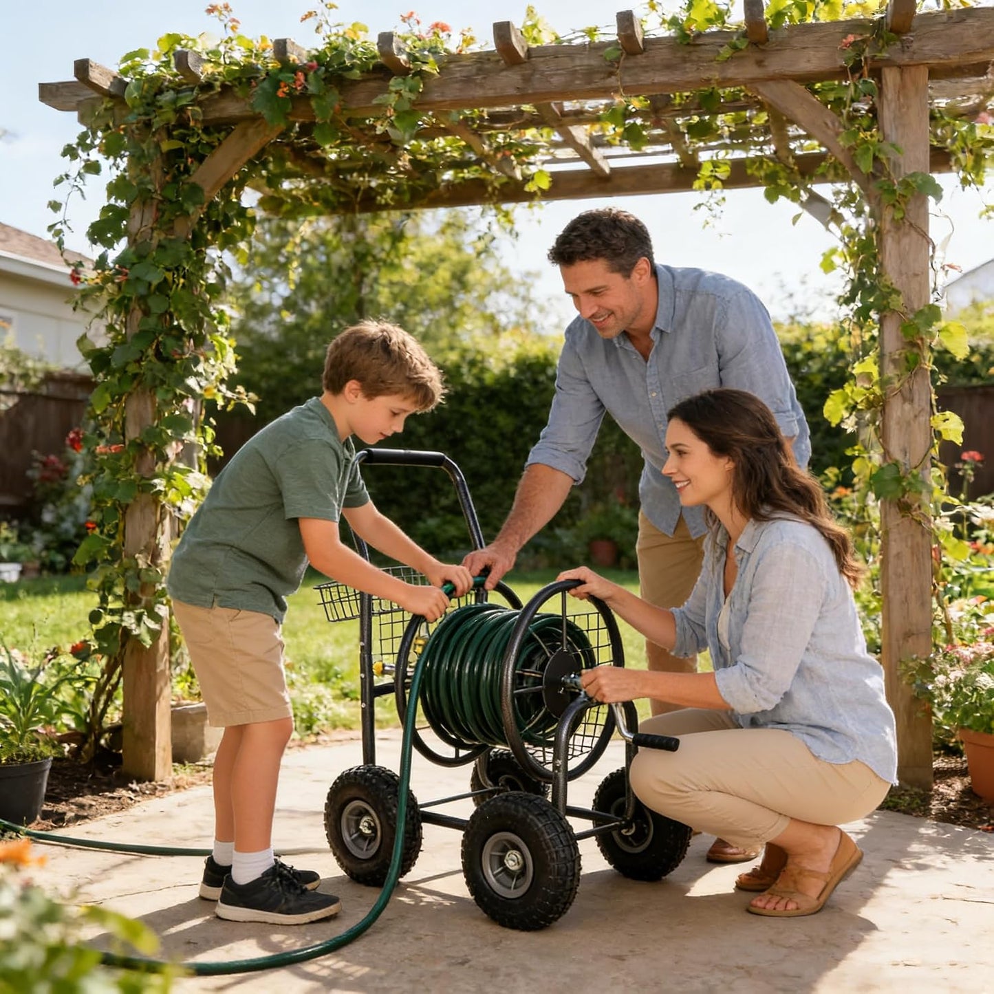 Garden Hose Reel Cart, 4 Wheels Portable with Storage Basket, Rust Resistant Heavy Duty Water Hose Holder, 37x33.85x24.4 Inches (Grey)