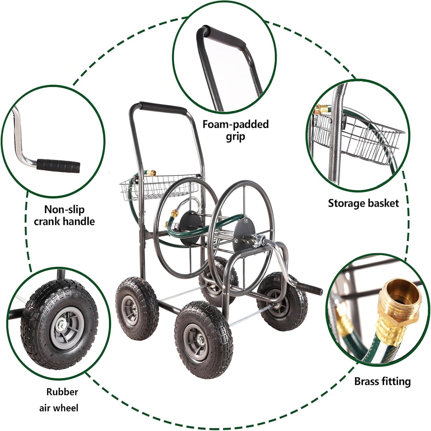 Garden Hose Reel Cart, 4 Wheels Portable with Storage Basket, Rust Resistant Heavy Duty Water Hose Holder, 37x33.85x24.4 Inches (Grey)