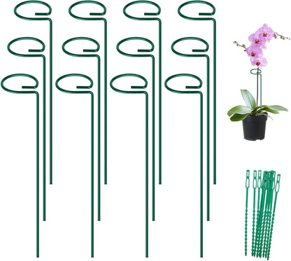 16 Inch 12 Pack Plant Support Stakes, Metal Garden Flower Stakes and Supports for Outdoor Plants, Plant Stem Support with 24 Twist Ties for Amaryllis Lily Rose Peony Tomatoes Gladiolus