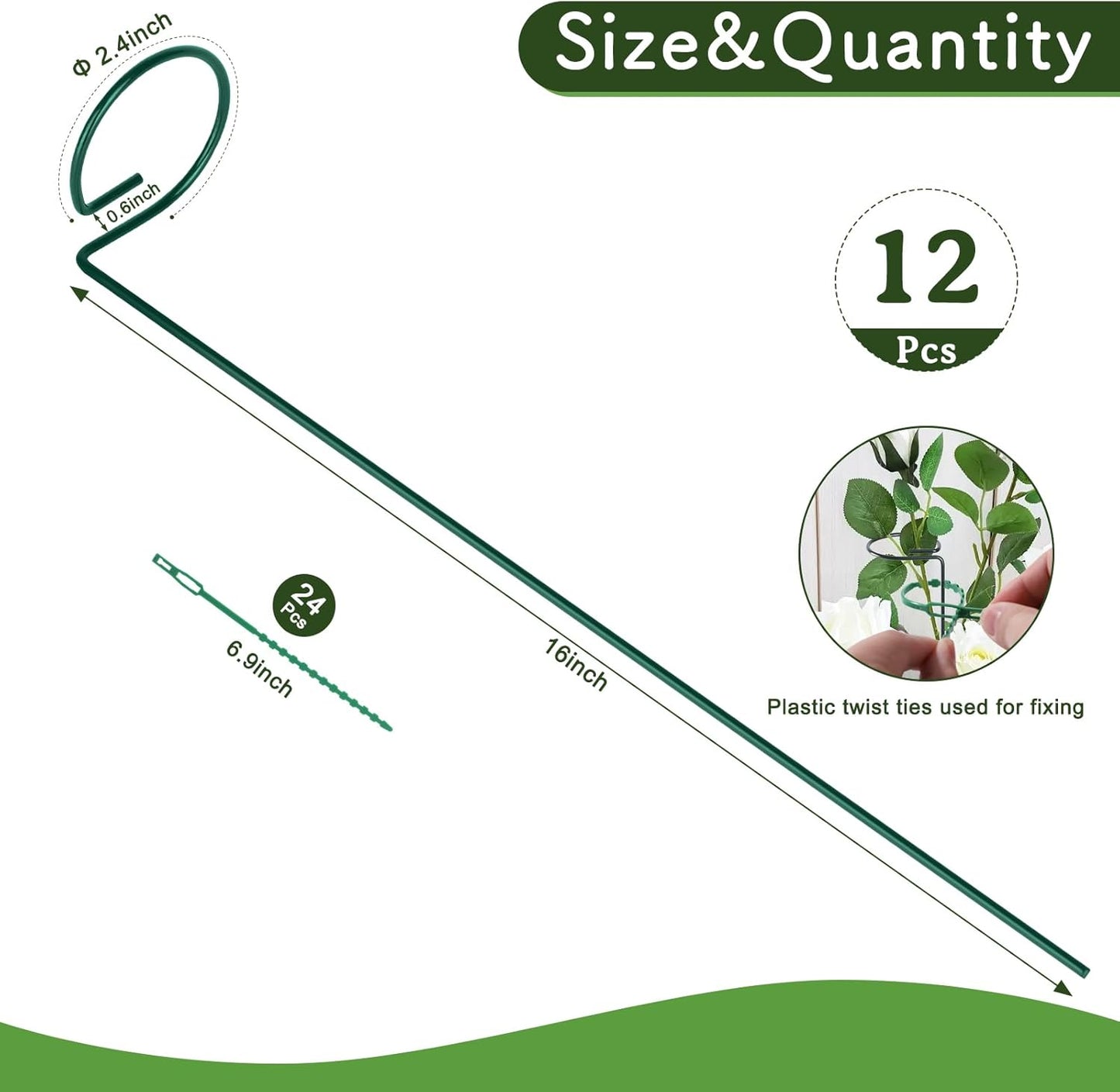 16 Inch 12 Pack Plant Support Stakes, Metal Garden Flower Stakes and Supports for Outdoor Plants, Plant Stem Support with 24 Twist Ties for Amaryllis Lily Rose Peony Tomatoes Gladiolus