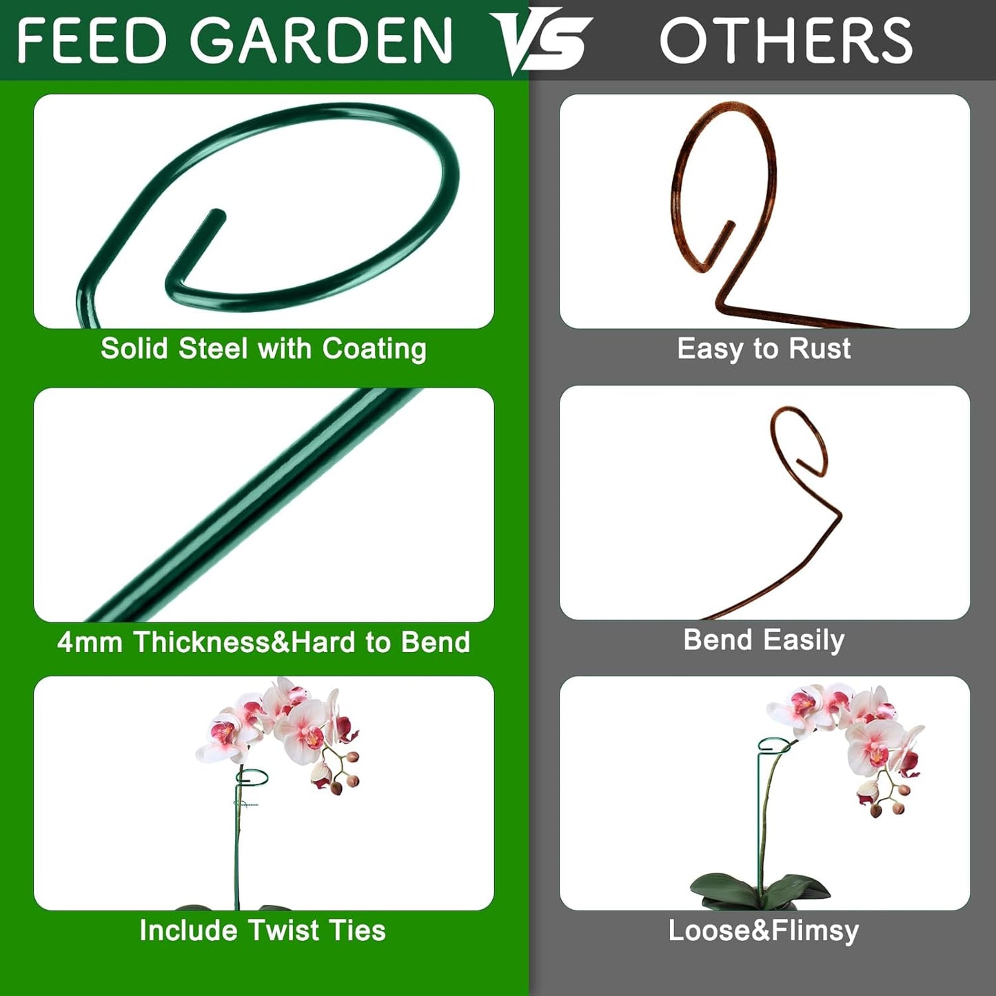 16 Inch 12 Pack Plant Support Stakes, Metal Garden Flower Stakes and Supports for Outdoor Plants, Plant Stem Support with 24 Twist Ties for Amaryllis Lily Rose Peony Tomatoes Gladiolus