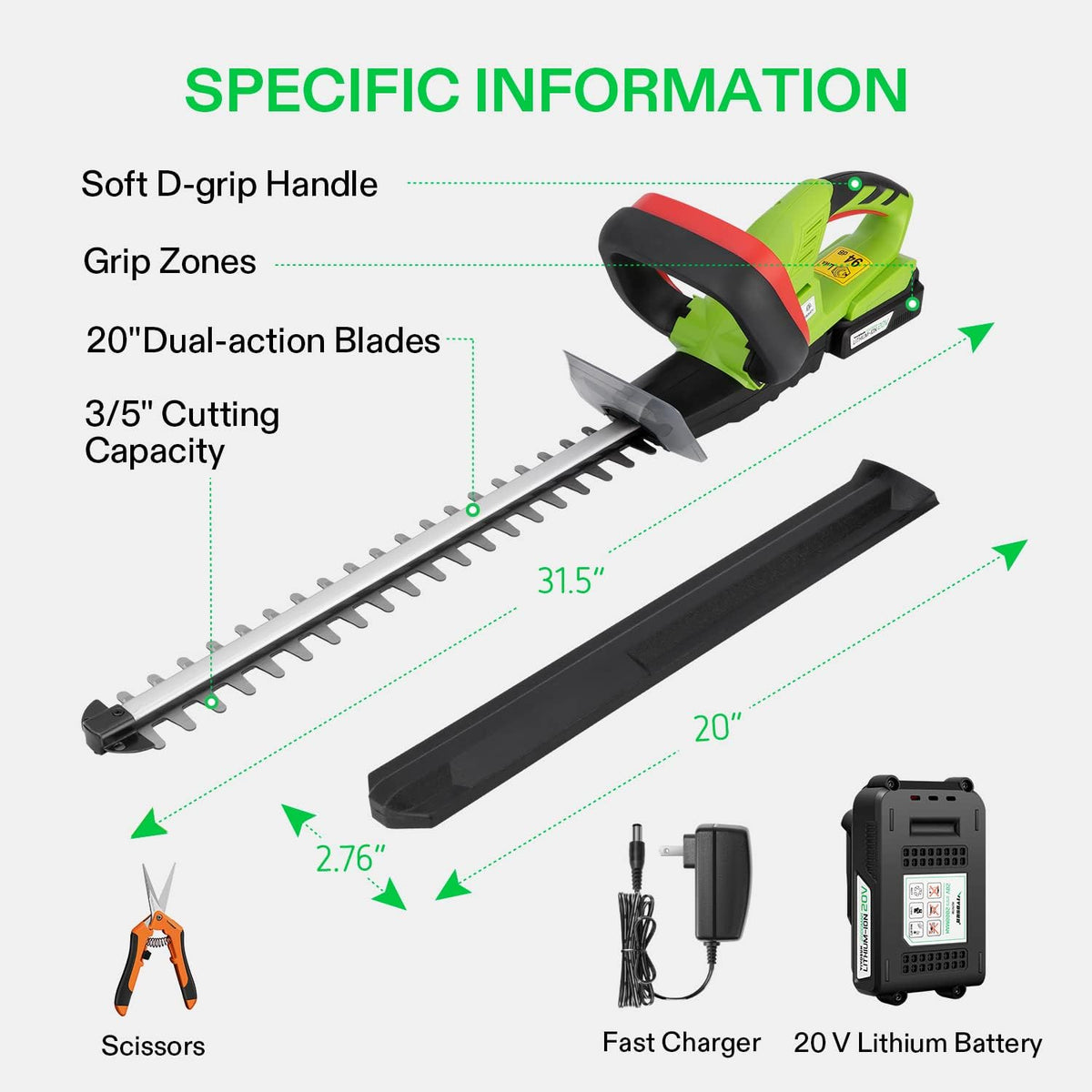 20" Cordless Hedge Trimmer, 20V Electric Bush Trimmer, 1400 RPM Shrub Trimmer, Dual-Action Laser Blade, 3/5" Cutting Capacity, Lightweight & Compact Trimmer, Battery and Fast Charger Included