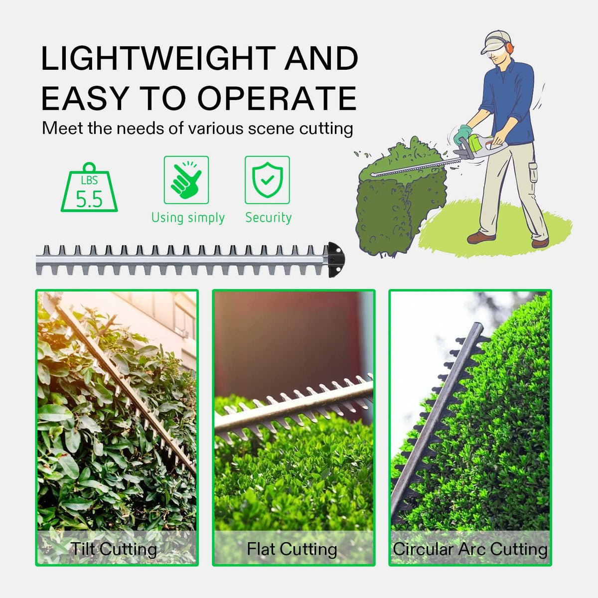 20" Cordless Hedge Trimmer, 20V Electric Bush Trimmer, 1400 RPM Shrub Trimmer, Dual-Action Laser Blade, 3/5" Cutting Capacity, Lightweight & Compact Trimmer, Battery and Fast Charger Included