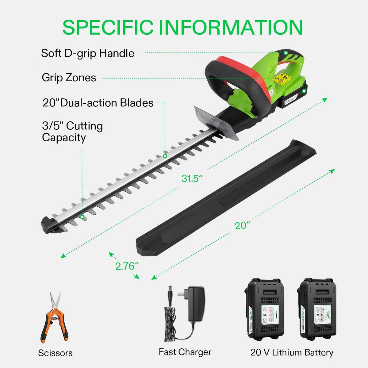 20" Cordless Hedge Trimmer, 20V Electric Bush Trimmer, 1400 RPM Shrub Trimmer, Dual-Action Laser Blade, 3/5" Cutting Capacity, Lightweight & Compact Trimmer, Battery and Fast Charger Included