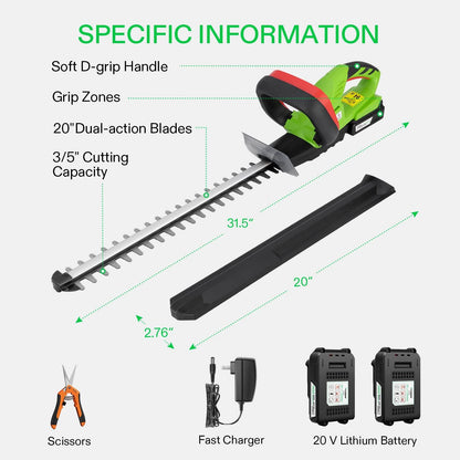 20" Cordless Hedge Trimmer, 20V Electric Bush Trimmer, 1400 RPM Shrub Trimmer, Dual-Action Laser Blade, 3/5" Cutting Capacity, Lightweight & Compact Trimmer, Battery and Fast Charger Included