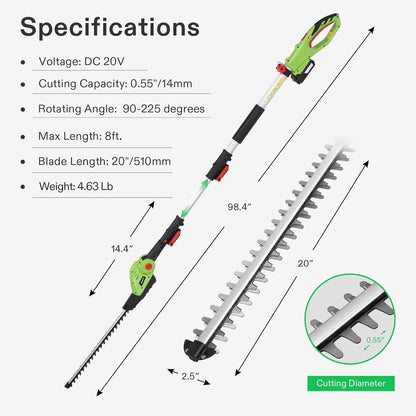 20" Cordless Hedge Trimmer, 20V Electric Bush Trimmer, 1400 RPM Shrub Trimmer, Dual-Action Laser Blade, 3/5" Cutting Capacity, Lightweight & Compact Trimmer, Battery and Fast Charger Included