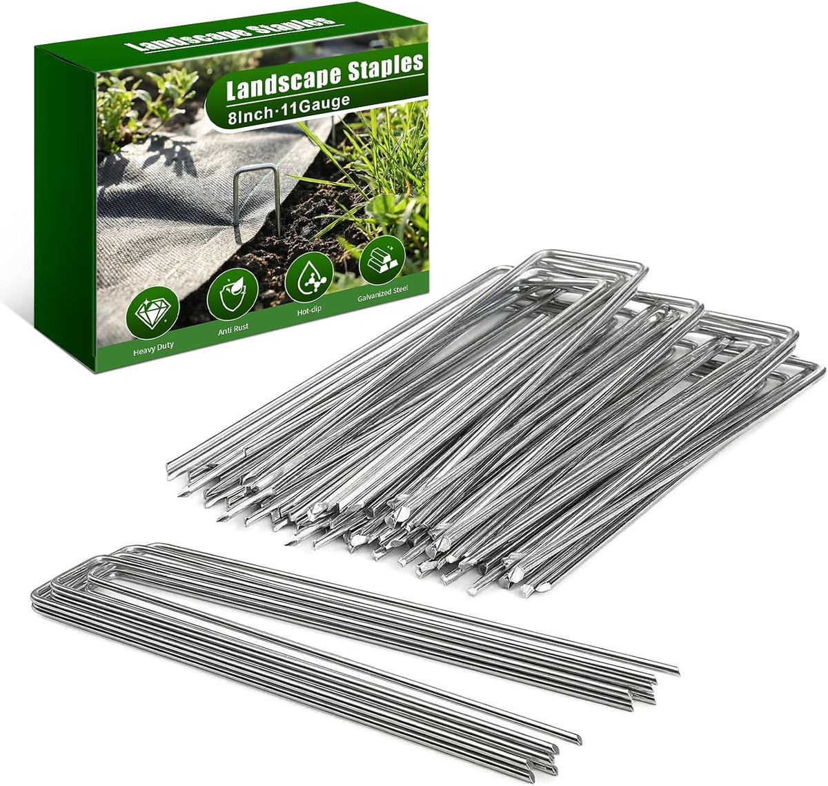 100 Pack 6 Inch 11 Gauge Heavy Duty Galvanized Landscape Staples, Garden Stakes & Sod Pins for Securing Weed Barrier Fabric, Landscape Fabric, Hoses, Netting & Outdoor Decorations